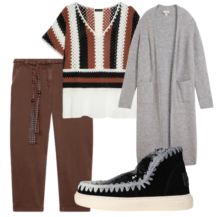 Outfit donna - Total look #2473226. Stile Vintage retrò per Tutti i giorni. Abbinamento con stivaletti, cardigans, t-shirt, pantaloni chino.