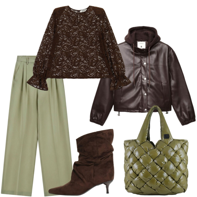 Outfit donna - Serata fuori. Stile Casual chic per Serata fuori. Abbinamento con bomber, stivali, pantaloni a palazzo, bluse, borse tote.
