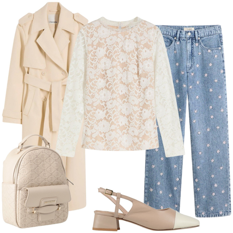 Outfit donna - Rosetta. Stile Casual chic per Tutti i giorni. Abbinamento con décolleté, zaini, trench, maglieria, jeans dritti.