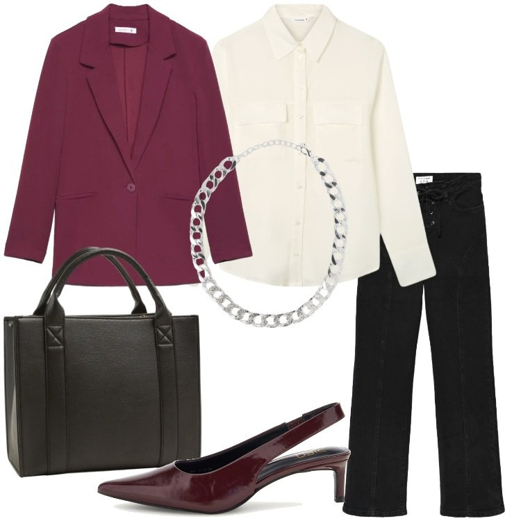 Outfit donna - Terranova - Curvy Back To. Stile Casual chic per Ufficio. Abbinamento con borse tote, collane, camicie, blazer, jeans bootcut, décolleté.