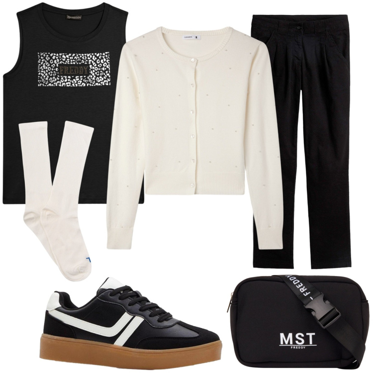 Outfit donna - Weekend. Stile Casual per Tutti i giorni. Abbinamento con pantaloni chino, sneakers, calzini, cardigans, borse sportive, top.