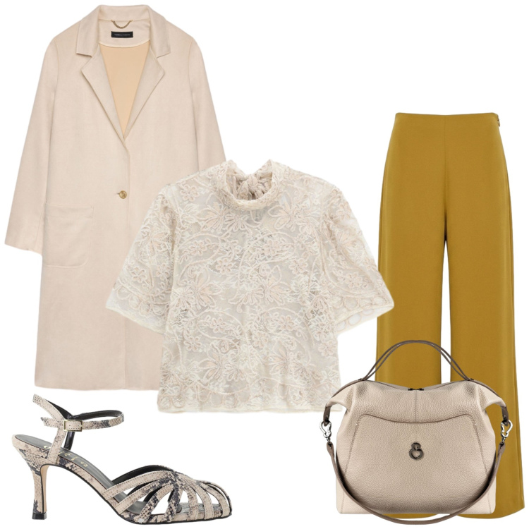 Outfit donna - Melania. Stile Glamour per Tutti i giorni. Abbinamento con top, sandali in pelle, pantaloni a palazzo, cappotti, borse a mano.