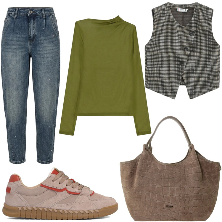 Outfit donna - Dark denim. Stile Casual per Tutti i giorni. Abbinamento con t-shirt, gilet, borse a spalla, jeans mom, sneakers.