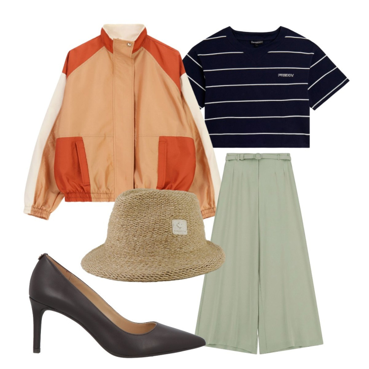Outfit donna - Settembre. Stile Casual chic per Tutti i giorni. Abbinamento con décolleté, t-shirt, pantaloni a palazzo, bomber, cappelli.