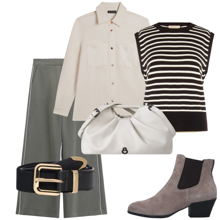 Outfit donna - Total look #2473247. Stile Bon Ton per Ufficio. Abbinamento con stivaletti chelsea, camicie, pantaloni a palazzo, maglieria, cinture, clutch.