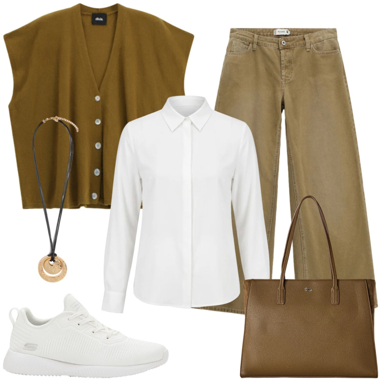 Outfit donna - Roberta. Stile Casual chic per Tutti i giorni. Abbinamento con sneakers, shopping bag, pantaloni a palazzo, maglieria, camicie, ciondoli.