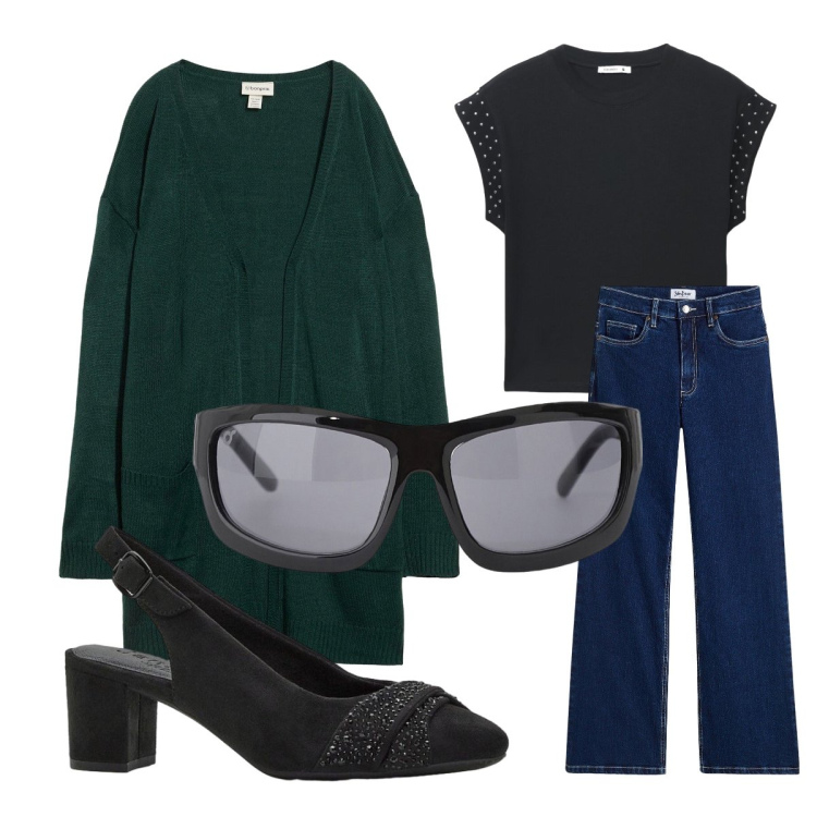 Outfit donna - L’autunno sta arrivando. Stile Trendy per Tutti i giorni. Abbinamento con jeans, cardigans, décolleté, t-shirt, occhiali da sole.
