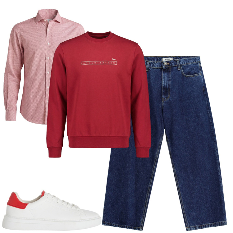 Outfit uomo - Un tocco di rosso. Stile Casual per Tutti i giorni. Abbinamento con felpe, camicie, sneakers, jeans.