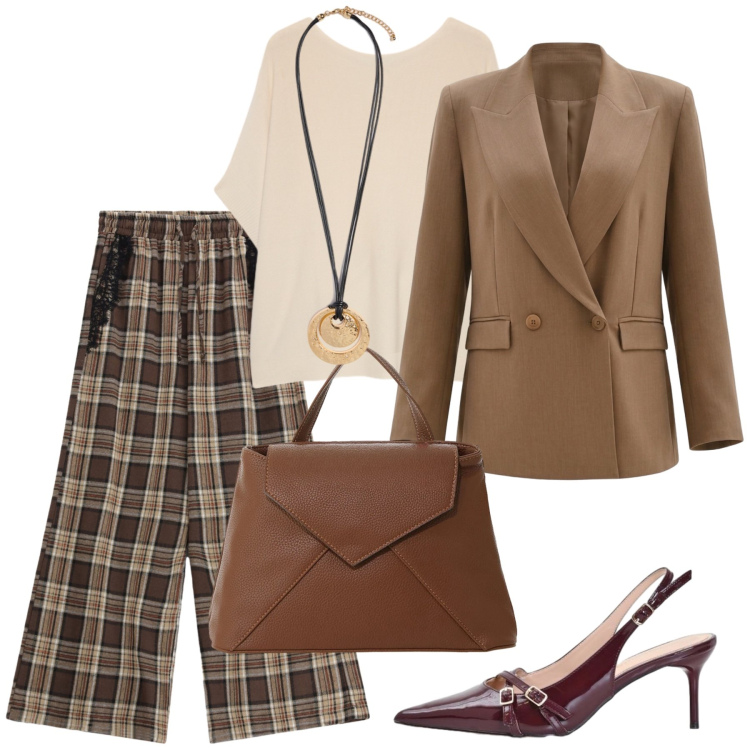 Outfit donna - Total look #2473252. Stile Bon Ton per Ufficio. Abbinamento con borse a mano, t-shirt, ciondoli, pantaloni a palazzo, décolleté, blazer.
