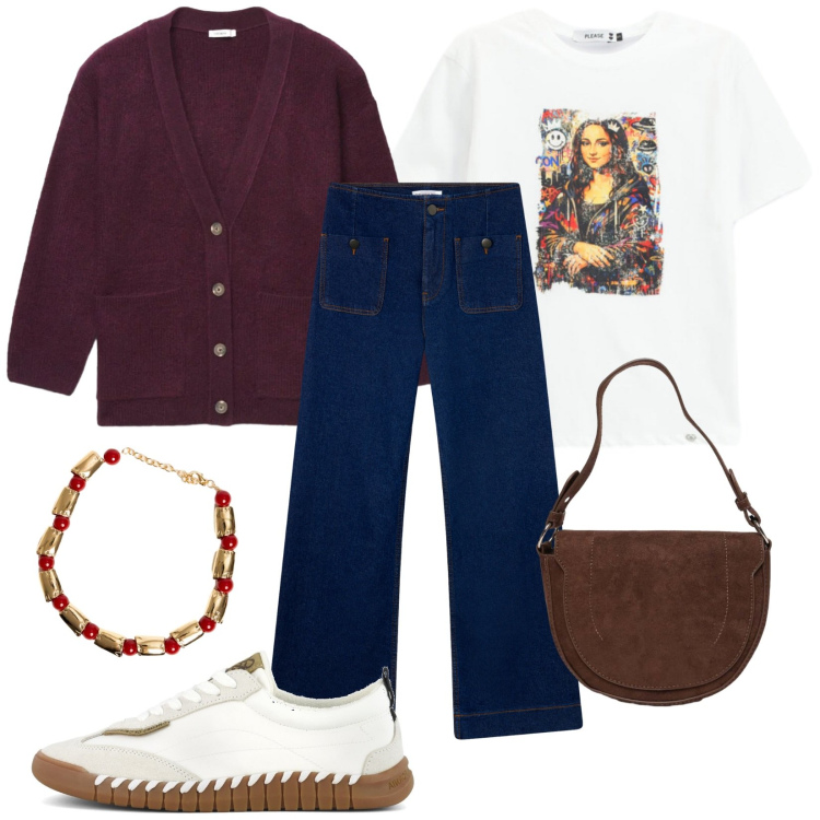 Outfit donna - Il jeans blu scuro. Stile Trendy per Tutti i giorni. Abbinamento con cardigans, jeans, t-shirt, borse a spalla, collane, sneakers.