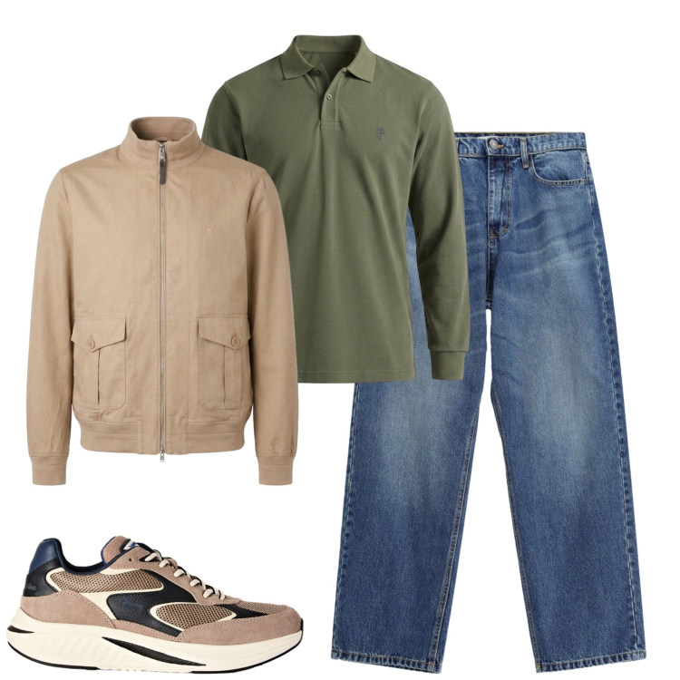 Outfit uomo - City. Stile Casual per Tutti i giorni. Abbinamento con bomber, polo, sneakers, jeans.