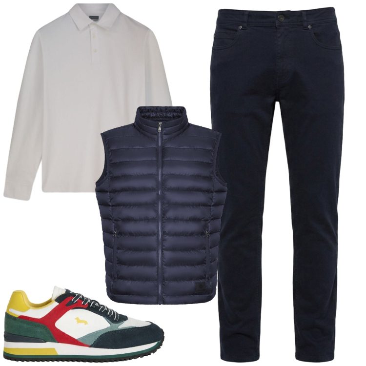 Outfit uomo - City. Stile Casual per Tutti i giorni. Abbinamento con sneakers, pantaloni, polo, piumini.