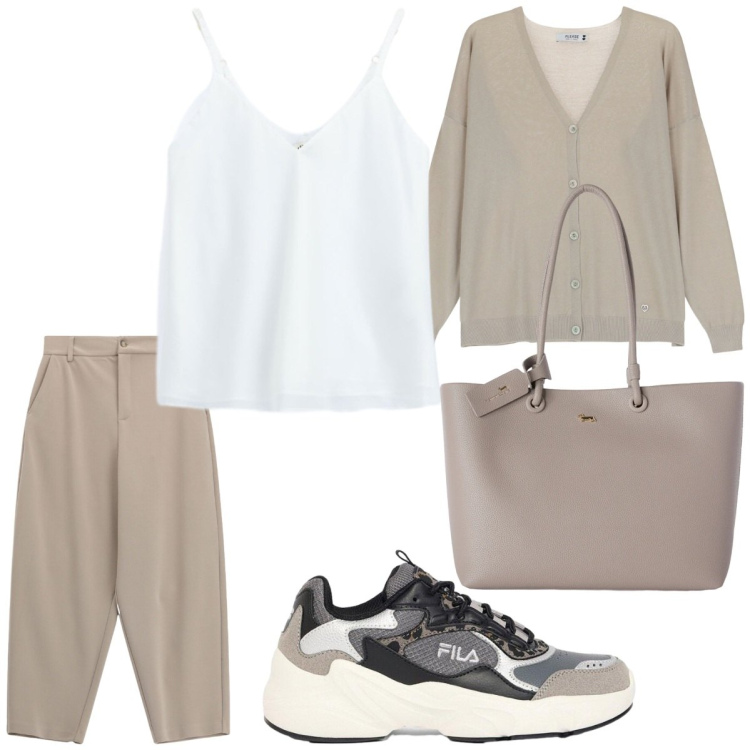 Outfit donna - Weekend Fuori Porta. Stile Chic per Tutti i giorni. Abbinamento con sneakers, shopping bag, top, cardigans, pantaloni.