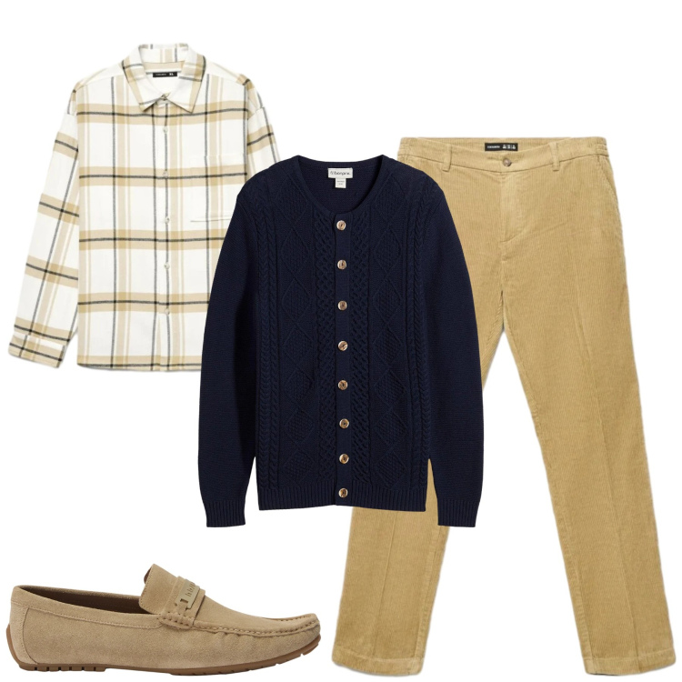 Outfit uomo - City. Stile Urban per Tutti i giorni. Abbinamento con scarpe stringate, camicie, pantaloni chino, cardigans.