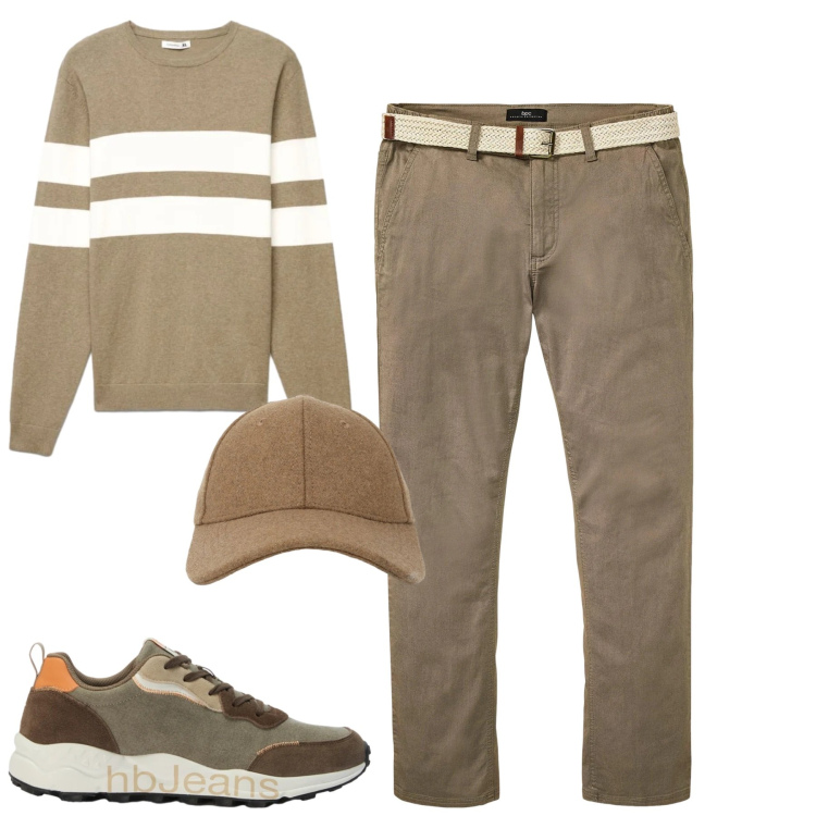 Outfit uomo - City. Stile Casual per Tutti i giorni. Abbinamento con sneakers, cappelli con visiera, maglieria, pantaloni chino.