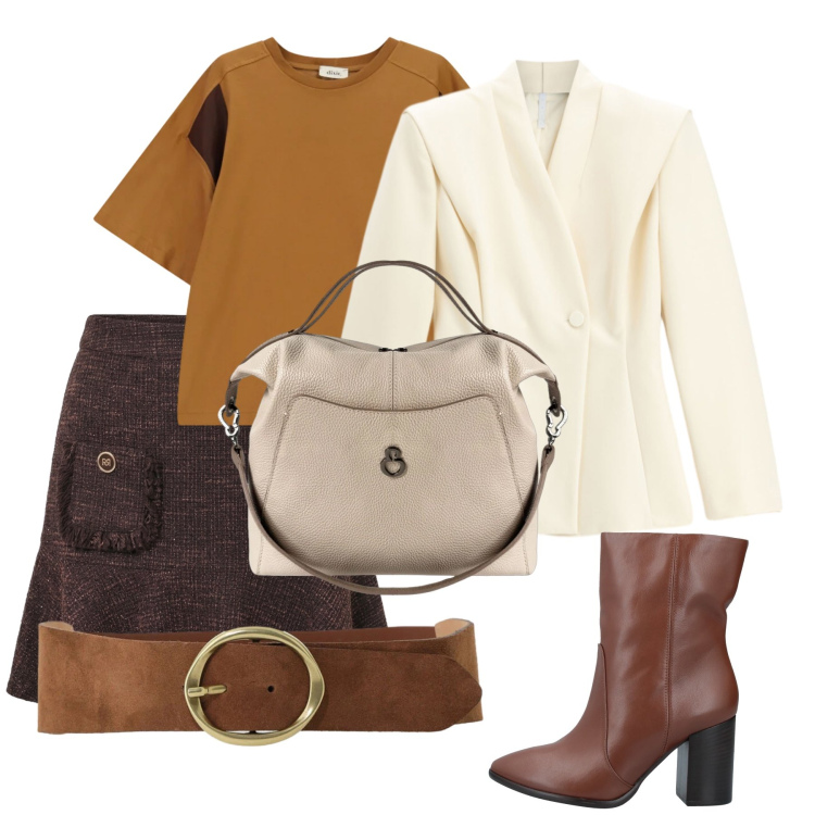 Outfit donna - Total look #2473273. Stile Urban per Tutti i giorni. Abbinamento con stivaletti, blazer, t-shirt, cinture, minigonne, borse a mano.