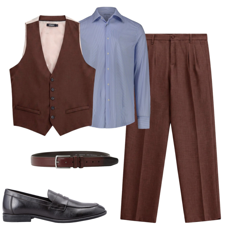 Outfit uomo - City. Stile Business/Elegante per Tutti i giorni. Abbinamento con cinture, gilet, pantaloni, scarpe stringate, camicie.