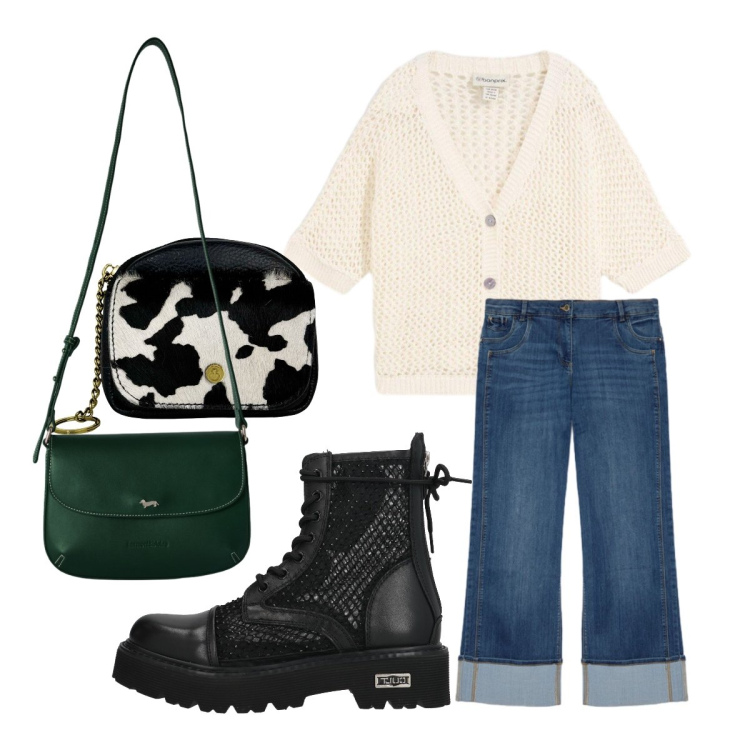 Outfit donna - In giro per Milano. Stile Basic per Tutti i giorni. Abbinamento con anfibi, cardigans, borse a tracolla, jeans dritti, portachiavi.