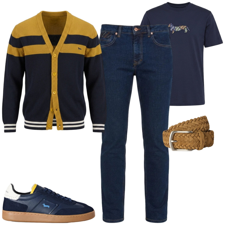 Outfit uomo - Settembre. Stile Urban per Tutti i giorni. Abbinamento con cinture, jeans, cardigans, sneakers, t-shirt.