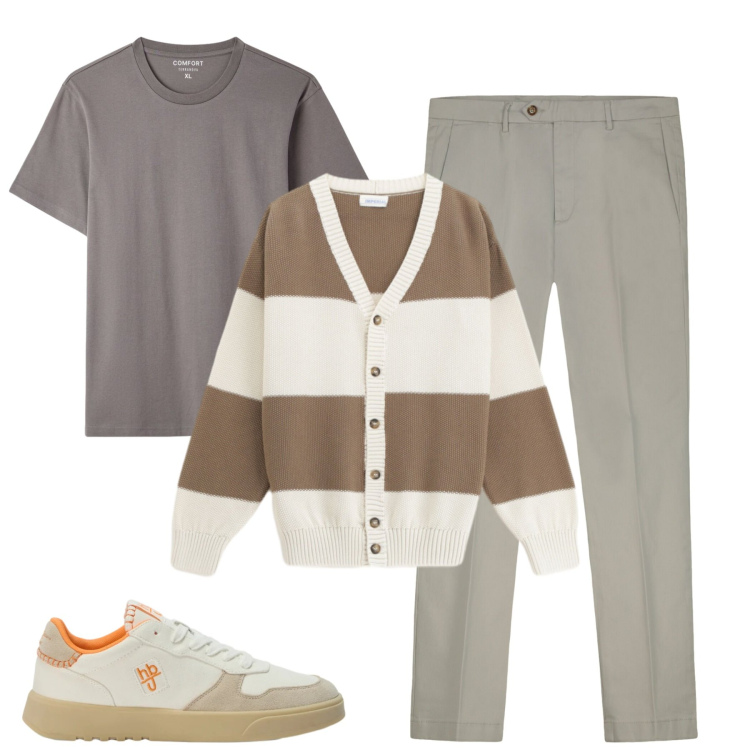 Outfit uomo - City. Stile Urban per Tutti i giorni. Abbinamento con sneakers, cardigans, pantaloni chino, t-shirt.