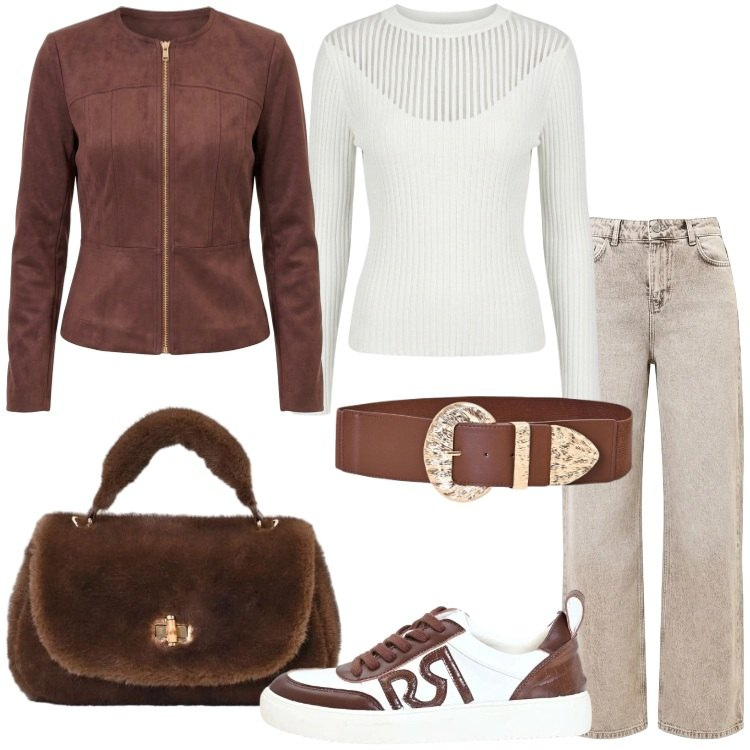 Outfit donna - Rinascimento - Dietro la trama FW26. Stile Urban per Tutti i giorni. Abbinamento con blazer, jeans dritti, maglieria, borse a mano, sneakers, cinture.