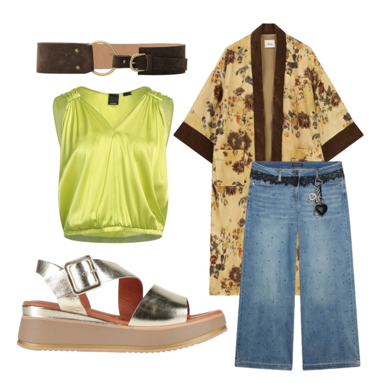 Outfit donna - Speciale curvy. Stile Glamour per Serata fuori. Abbinamento con top, sandali in pelle, kimono, cinture, jeans.