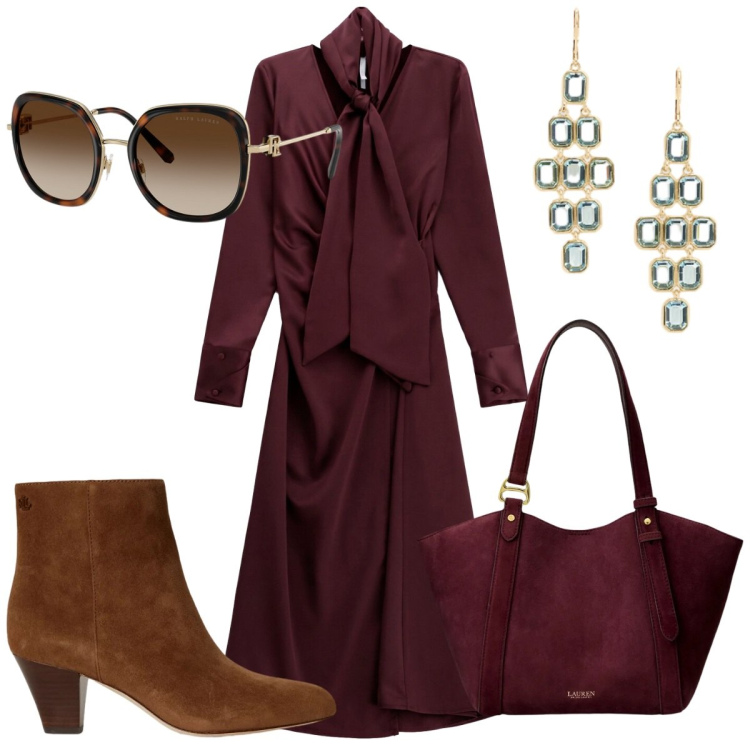 Outfit donna - Speciale accessori suede : glamour. Stile Glamour per Tutti i giorni. Abbinamento con vestiti lunghi, orecchini, occhiali da sole, borse tote, stivaletti.