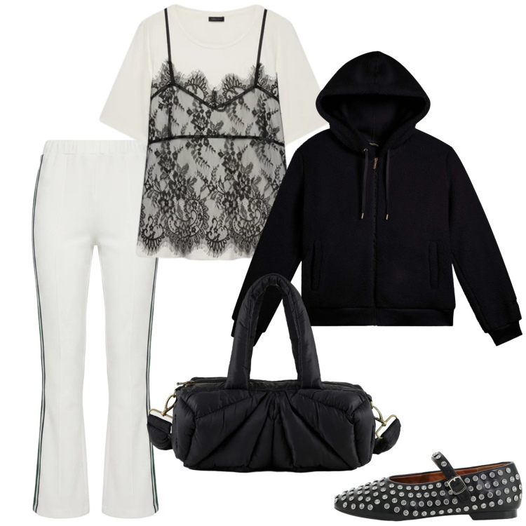 Outfit donna - Black&white. Stile Casual per Tutti i giorni. Abbinamento con pantaloni, t-shirt, bomber, ballerine, borse a mano.