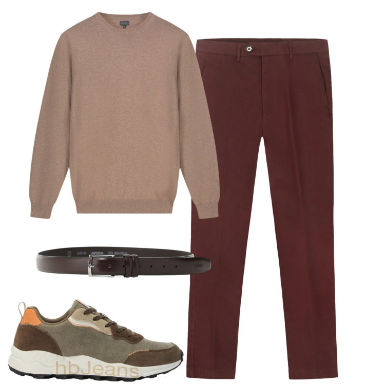 Outfit uomo - City. Stile Urban per Tutti i giorni. Abbinamento con sneakers, cinture, pantaloni chino, maglieria.