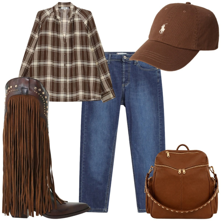 Outfit donna - Speciale accessori suede: texana!. Stile Casual per Tutti i giorni. Abbinamento con stivaletti texani, jeans dritti, camicie, zaini, cappelli.