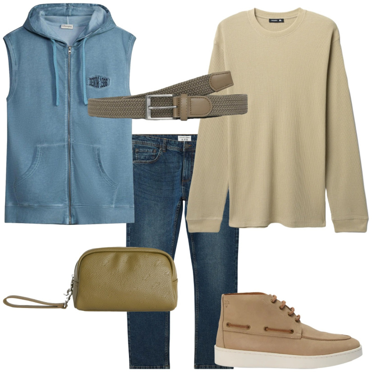 Outfit uomo - Weekend fuori porta. Stile Casual per Tutti i giorni. Abbinamento con borse sportive, stivali e stivaletti, jeans, cinture, maglieria, gilet.