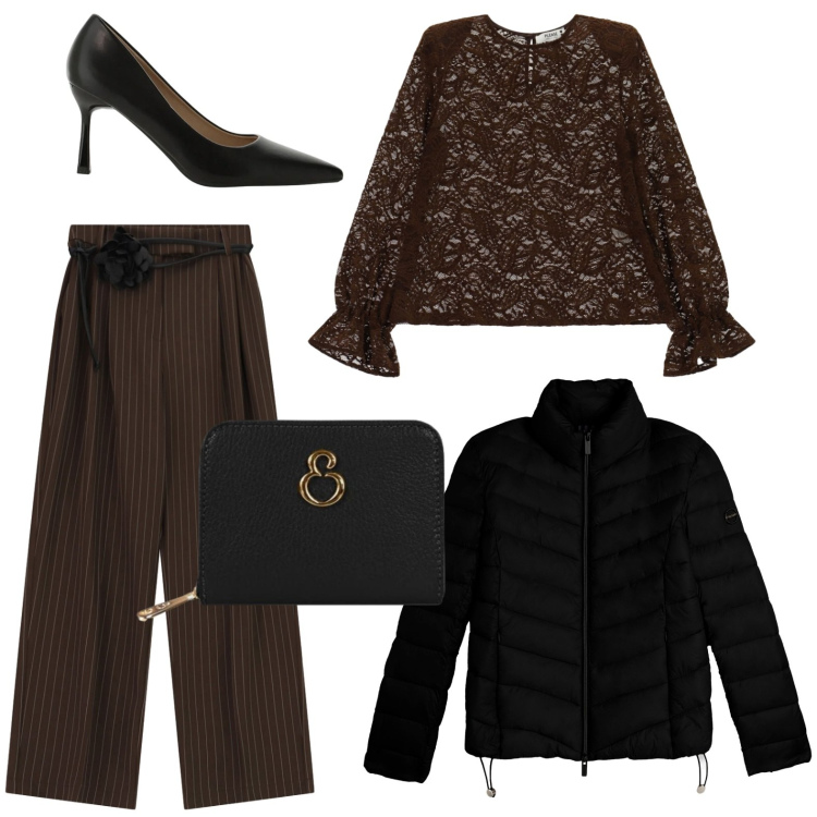 Outfit donna - Black&Brown. Stile Casual chic per Serata fuori. Abbinamento con piumini, décolleté, pantaloni a palazzo, bluse, portafogli.