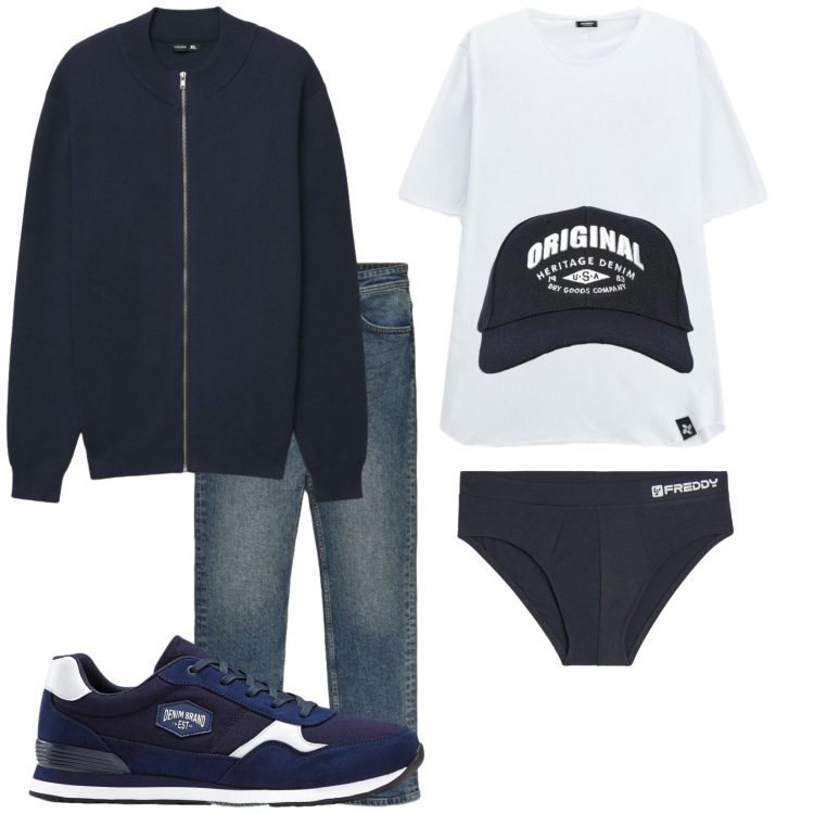 Outfit uomo - Total look #2473335. Stile Urban per Tutti i giorni. Abbinamento con sneakers, t-shirt, cardigans, cappelli con visiera, jeans, slip.