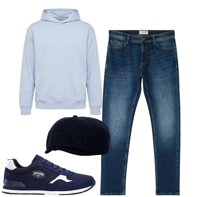 Outfit uomo - City. Stile Casual per Tutti i giorni. Abbinamento con sneakers, felpe con cappuccio, cappelli con visiera, jeans skinny.