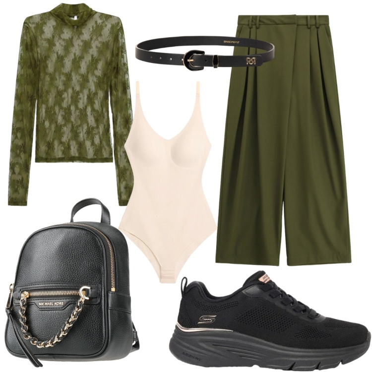 Outfit donna - La maglia in pizzo. Stile Romantica per Serata fuori. Abbinamento con zaini, body, sneakers, t-shirt, pantaloni a palazzo, cinture.