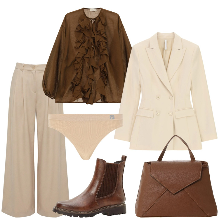 Outfit donna - La blusa con le rouches. Stile Casual chic per Ufficio. Abbinamento con stivaletti, pantaloni, perizomi, borse a mano, blazer, bluse.