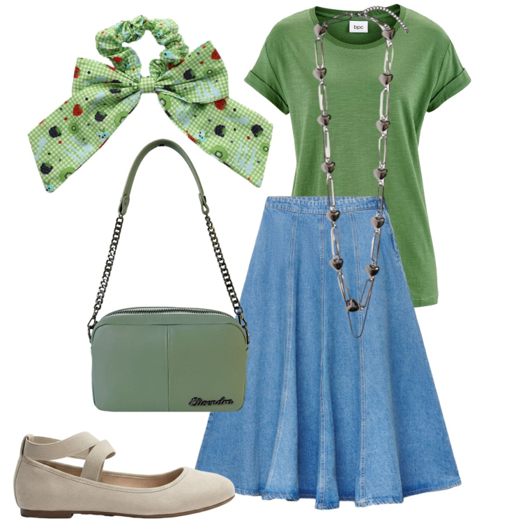 Outfit donna - Un fiocco tra i capelli. Stile 70s per Tutti i giorni. Abbinamento con t-shirt, ballerine, accessori per capelli, gonne lunghe, collane, borse a tracolla.