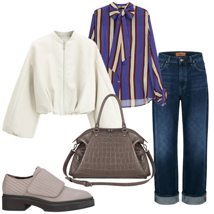 Outfit donna - Total look #2473346. Stile Trendy per Serata fuori. Abbinamento con mocassini, bomber, jeans dritti, camicie, shopping bag.