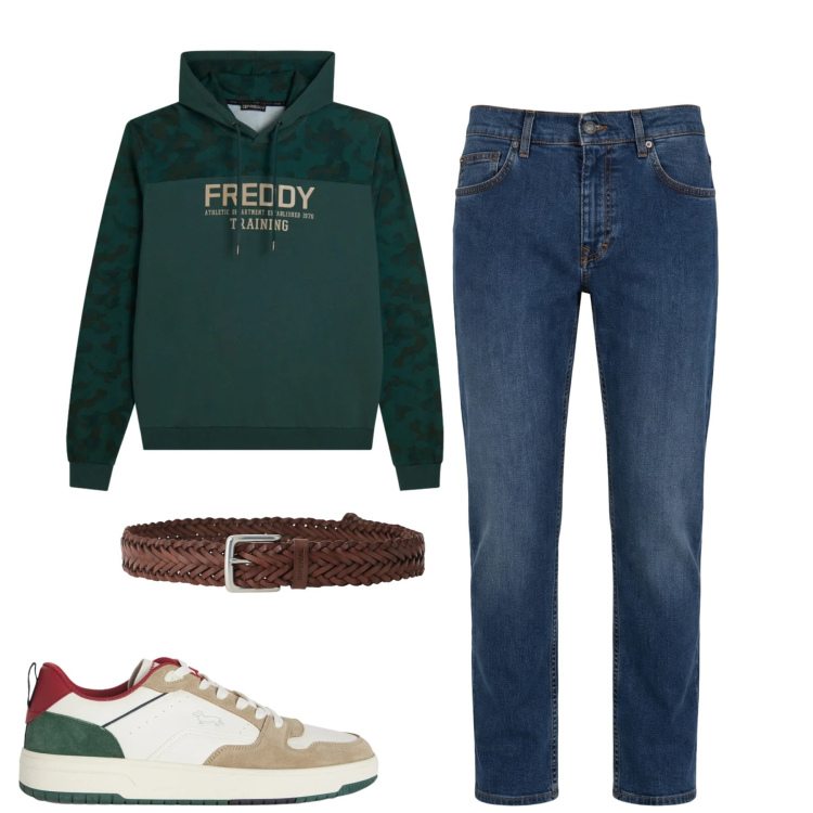 Outfit uomo - City. Stile Casual per Tutti i giorni. Abbinamento con jeans, sneakers, cinture, felpe con cappuccio.