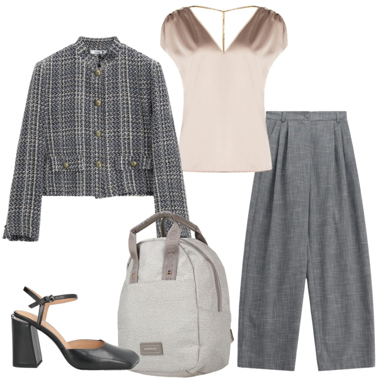 Outfit donna - Tacco comodo per il lavoro. Stile Casual chic per Ufficio. Abbinamento con décolleté, zaini, pantaloni a palazzo, cappotti, top.