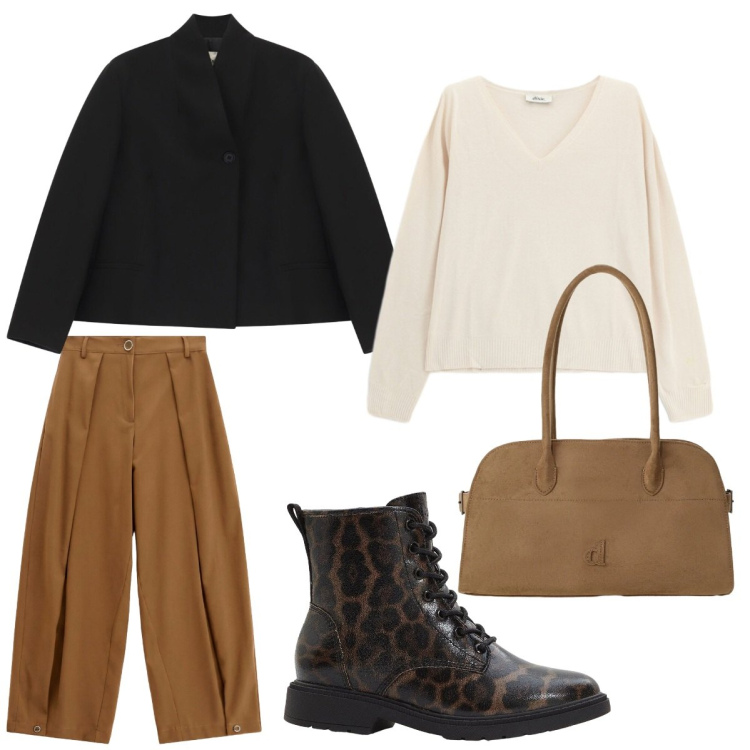 Outfit donna - Sfumature Cammello e Cioccolato. Stile Casual chic per Ufficio. Abbinamento con stivaletti, pantaloni a palazzo, borse a spalla, blazer, maglieria.
