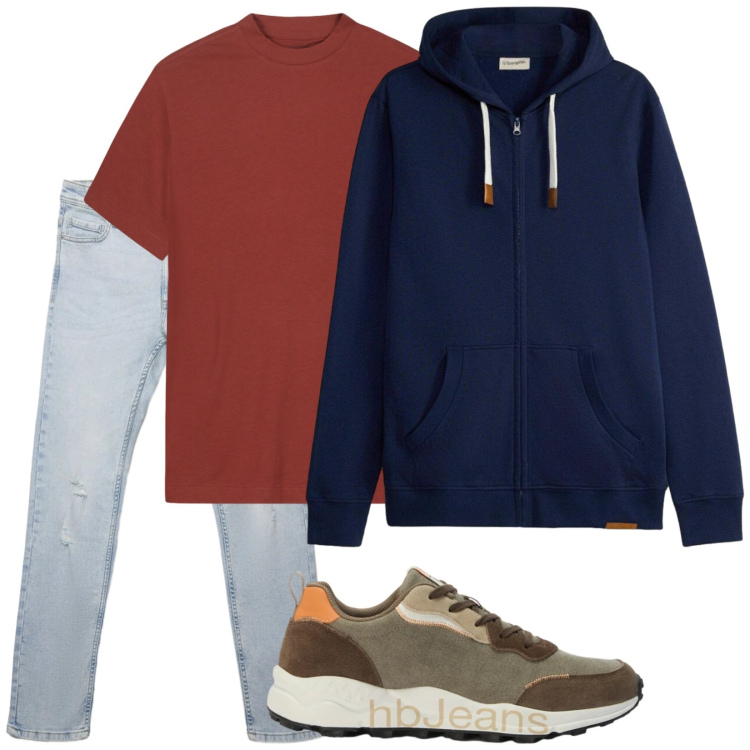 Outfit uomo - Total look #2473350. Stile Urban per Tutti i giorni. Abbinamento con sneakers, t-shirt, jeans strappati, felpe con cappuccio.