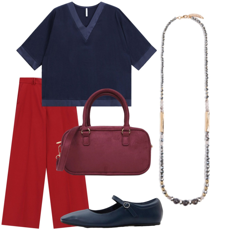 Outfit donna - Pietre e perline. Stile Bon Ton per Ufficio. Abbinamento con ballerine, borse a tracolla, bluse, pantaloni a palazzo, collane.