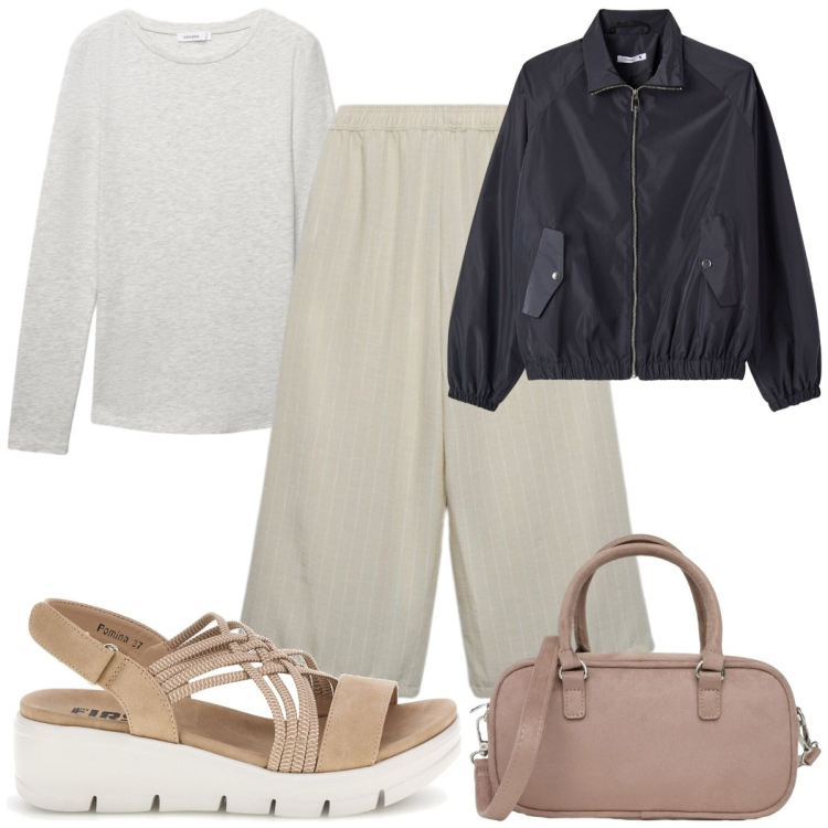 Outfit donna - Terranova - grigio casual. Stile Casual per Tutti i giorni. Abbinamento con t-shirt, pantaloni a palazzo, borse a tracolla, bomber, sandali.