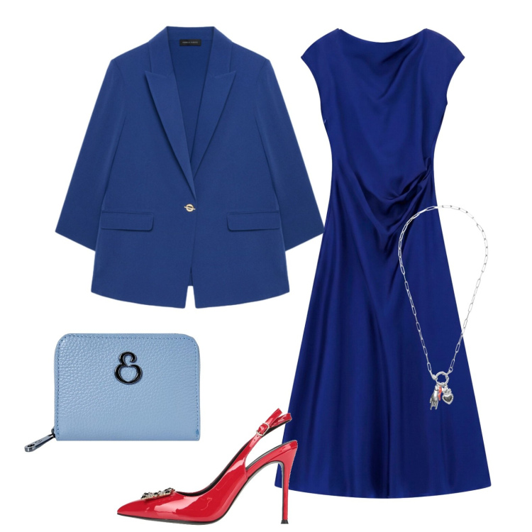 Outfit donna - L\'invitata perfetta. Stile Chic per Cerimonia. Abbinamento con décolleté, ciondoli, vestiti midi/longuette, blazer, portafogli.