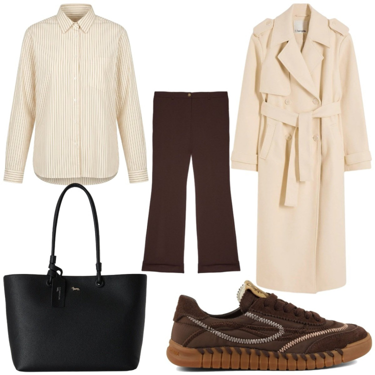 Outfit donna - Trench leggero e toni caldi. Stile Casual chic per Ufficio. Abbinamento con trench, shopping bag, pantaloni, camicie, sneakers.