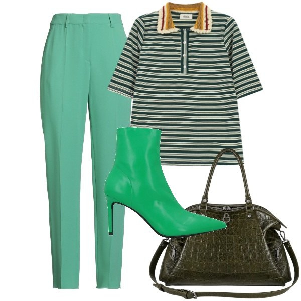 Outfit donna - Verde clorifilla. Stile Urban per Tutti i giorni. Abbinamento con pantaloni, stivaletti, polo, shopping bag.