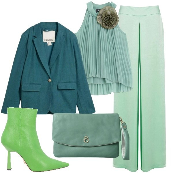 Outfit donna - I verdi. Stile Trendy per Serata fuori. Abbinamento con stivaletti, blazer, top, pantaloni a palazzo, pochette.
