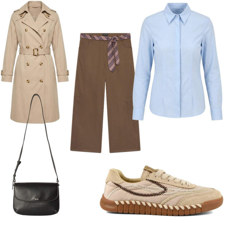 Outfit donna - Trench leggero e toni caldi. Stile Casual chic per Tutti i giorni. Abbinamento con borse a tracolla, camicie, pantaloni, trench, sneakers.