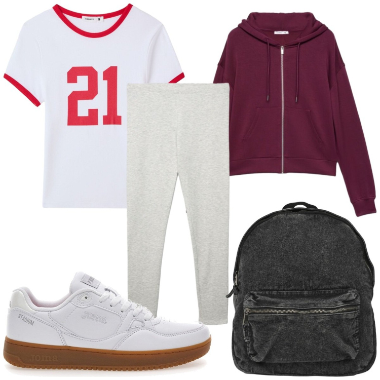 Outfit donna - Terranova - in palestra. Stile Basic per Sport. Abbinamento con leggings, t-shirt, zaini, felpe con cappuccio, sneakers.